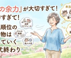 青空の下で、不要なものを手放して身軽になる50代女性のイラスト