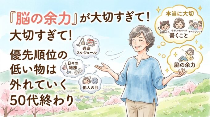 青空の下で、不要なものを手放して身軽になる50代女性のイラスト